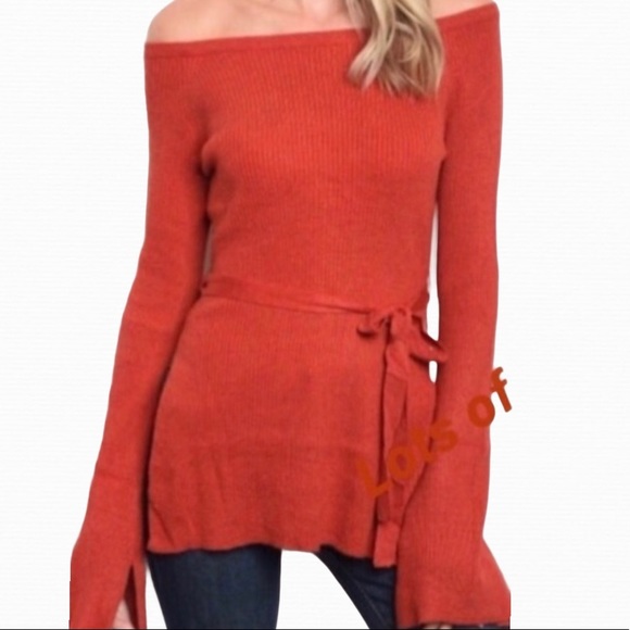 REDDISH ORANGE OFF THE SHOULDERS SWEATER TIE TOP - Picture 2 of 10